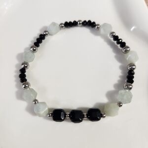 Handmade Stretchy Beaded Black Tourmaline And Green Morganite Bracelet